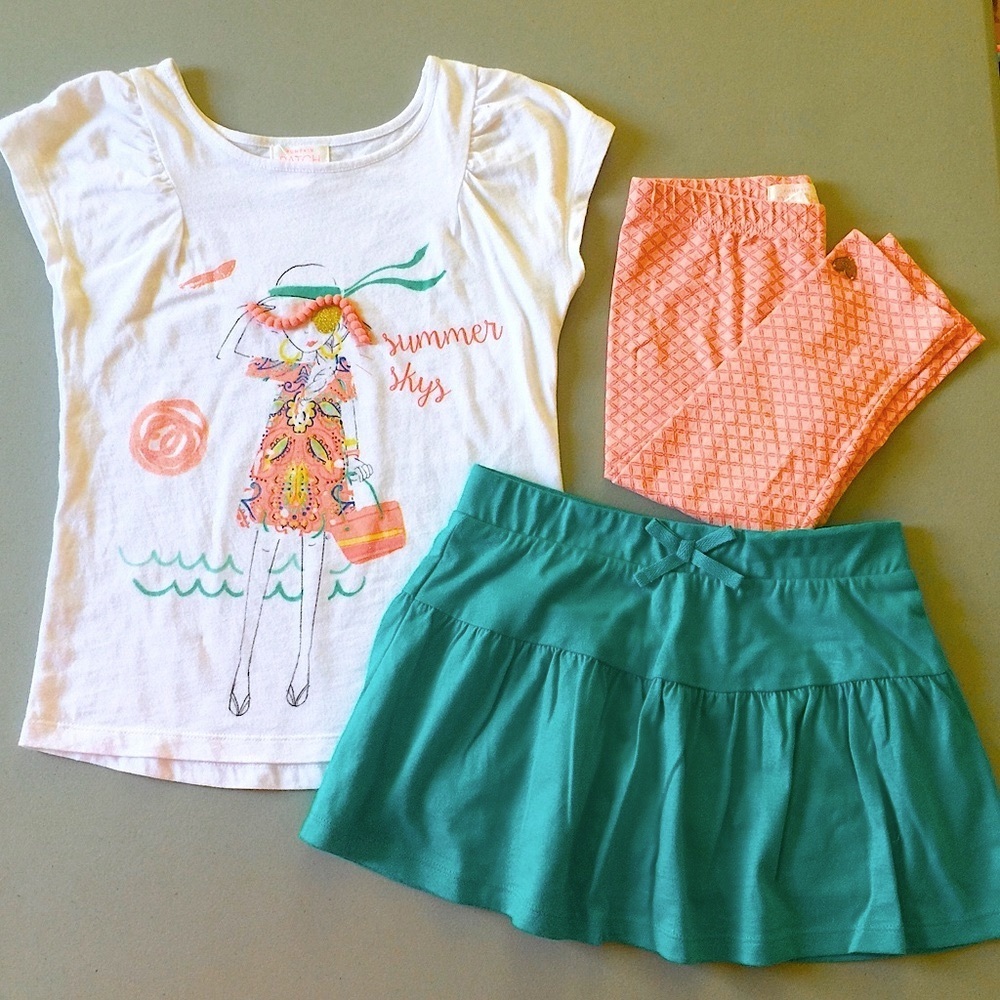 Pumpkin Patch Tshirt Skort Leggings Girl’s M 7 Orange Green Summer Resortwear